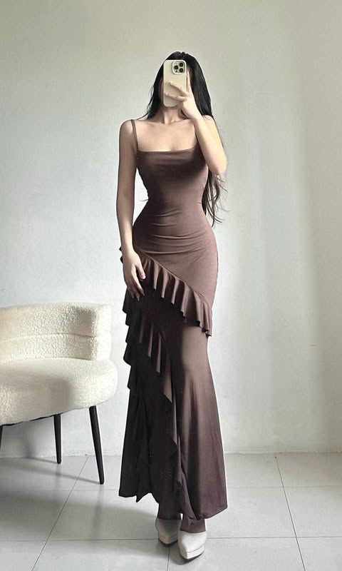 Angeli Ruffles Bodycon Maxi Dress Plain