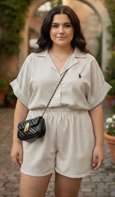 Plus Size Erin RL Collar Top and Shorts Coords - Stripe