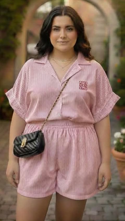 Plus Size Gladz LW Collar Top and Shorts Coords - Stripe