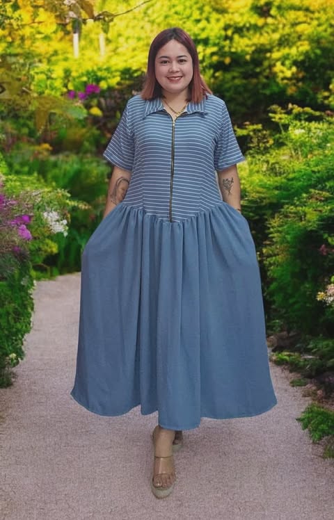 Plus Size Farrah BKK Zipper Maxi Dress Stripe and plain