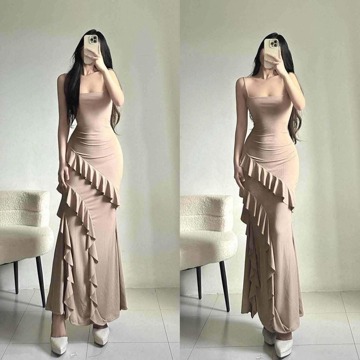 Angeli Ruffles Bodycon Maxi Dress Plain