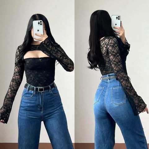 Chantilly Lace Longsleeve Top Double Lining Front