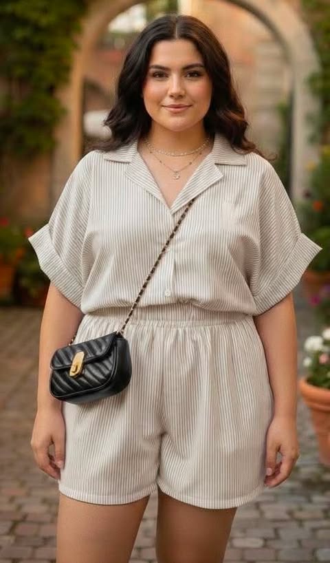 Plus Size Erin RL Collar Top and Shorts Coords - Stripe