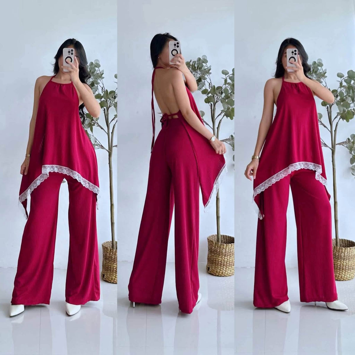 Allicia Halter Backless Lace Top and Pants Coords