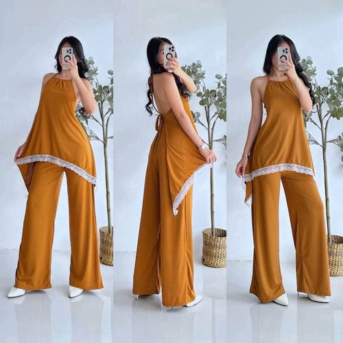 Allicia Halter Backless Lace Top and Pants Coords
