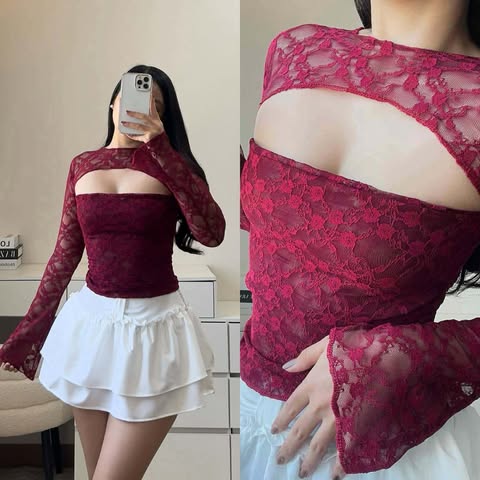 Chantilly Lace Longsleeve Top Double Lining Front