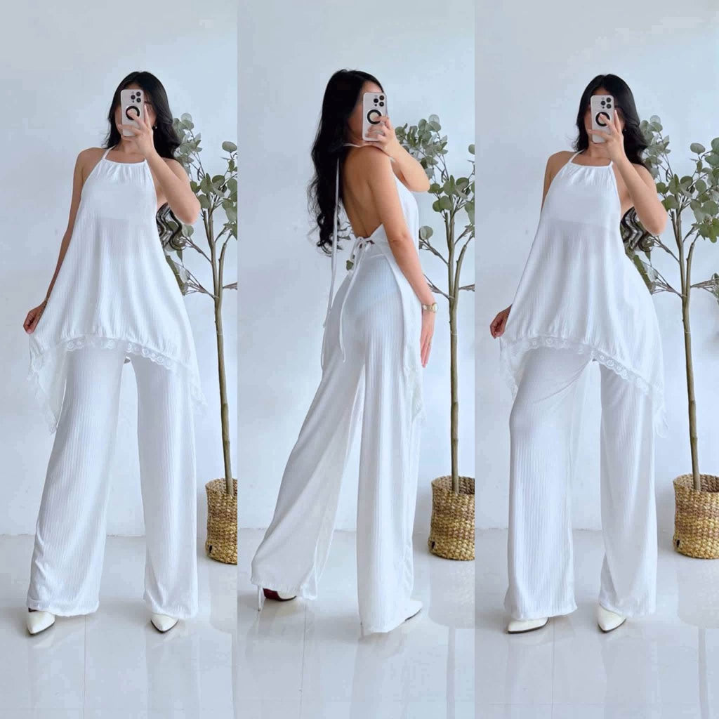 Allicia Halter Backless Lace Top and Pants Coords