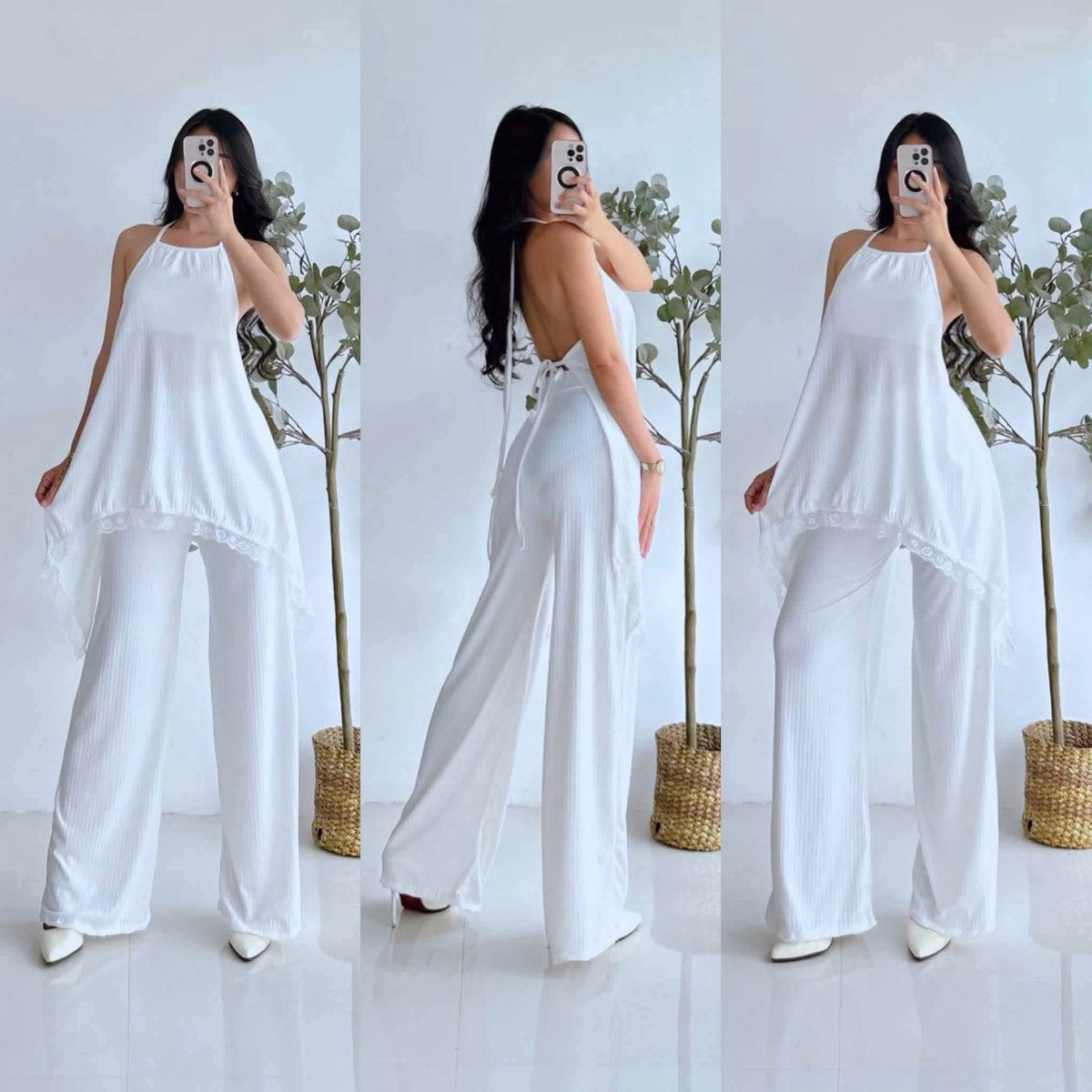 Allicia Halter Backless Lace Top and Pants Coords