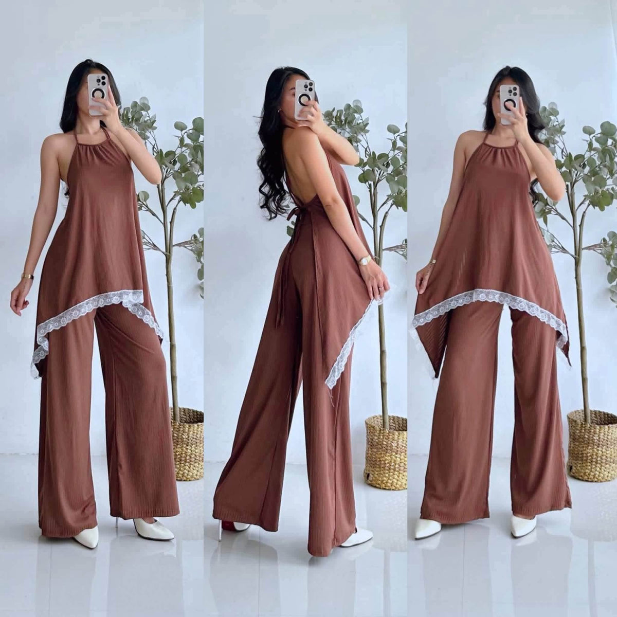 Allicia Halter Backless Lace Top and Pants Coords