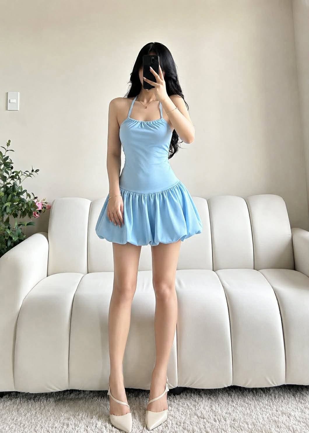 Alora Halter Backless Balloon Mini Dress